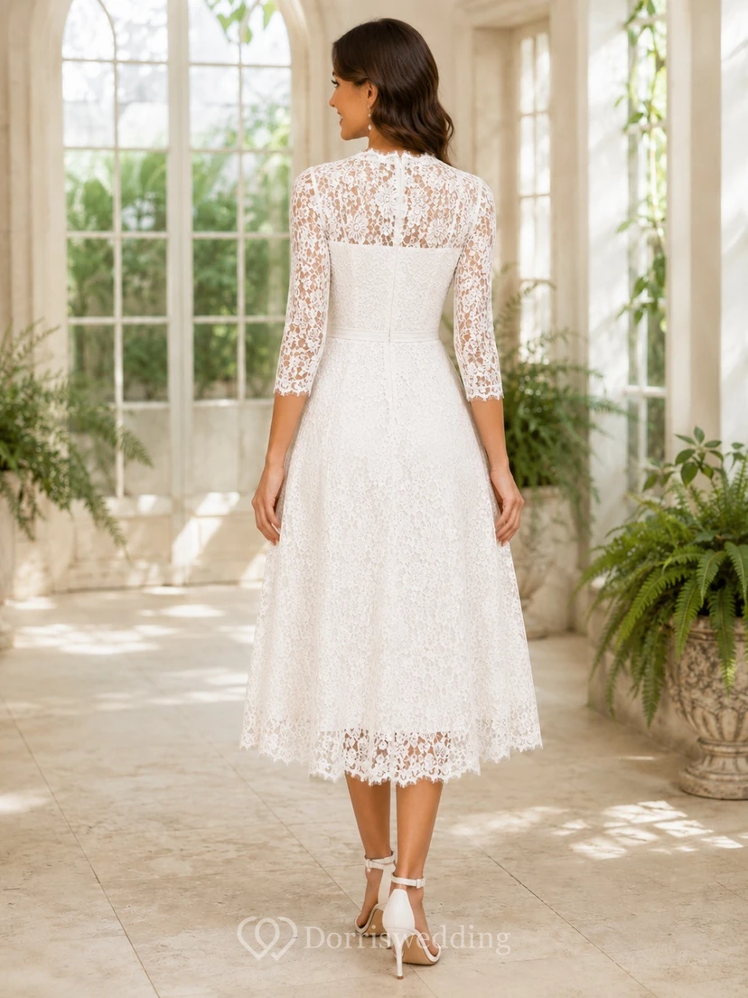Romantic Lace V-neck Three-quarter Sleeve Tea-length Reception Wedding Dress view 2