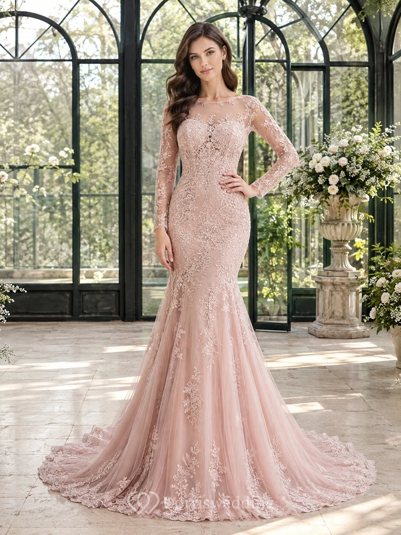 Vestido de novia bohemio sirena elegante y romántico con estampado floral, edición B de encaje.
