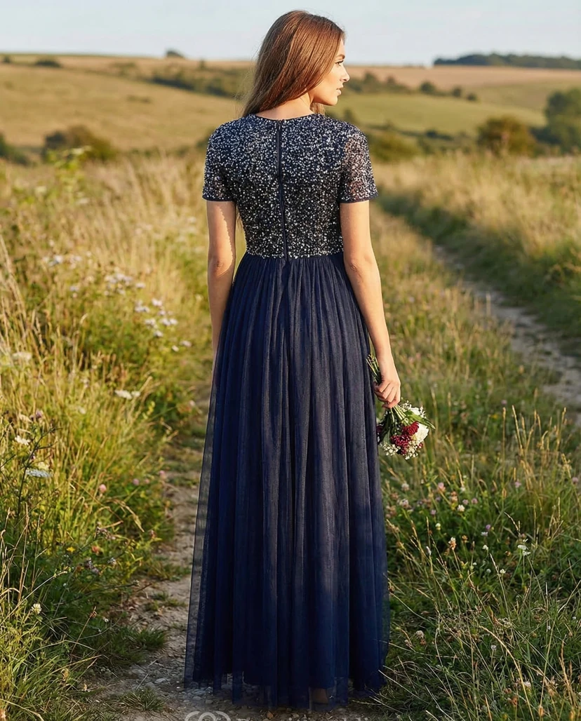 Beaded Blue Chiffon V-Neck Floor-Length Gown view 2