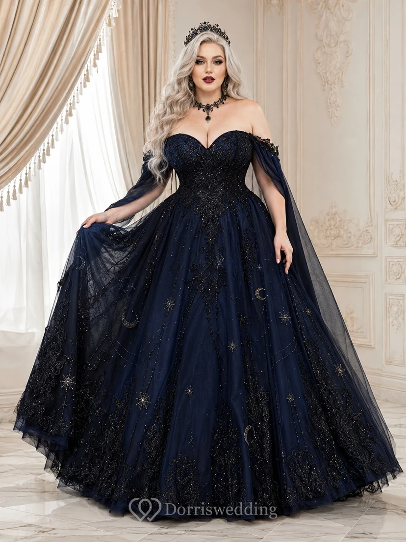 Plus Size Dark Navy Off-Shoulder Applique Tulle Gothic Ball Gown Floor-Length Dress