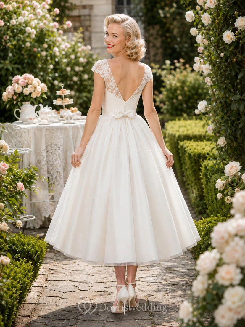Robe de mariée mi-longue à manches courtes en dentelle des années 1950 view 2
