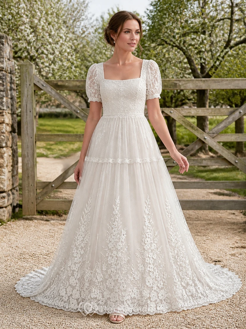 Vestido de novia vintage de manga corta, corte A, escote cuadrado, estilo gatehouse, con volantes y cola catedral de encaje.