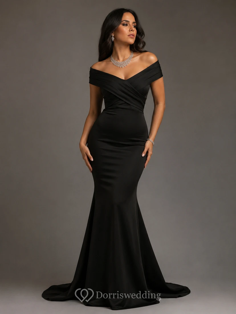 Mermaid Trumpet Satin Off-the-shoulder Short Sleeve Zipper Dress view 7