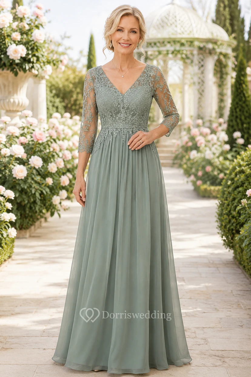 MOB-Kleid aus salbeigrünem Chiffon mit Spitze, A-Linie, 3/4-Ärmeln, V-Ausschnitt, bodenlang, plissiert