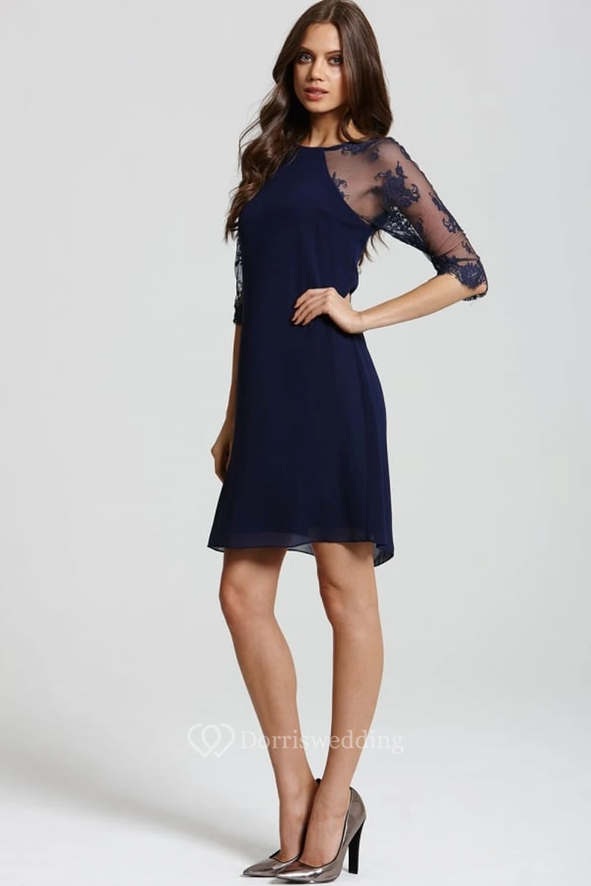 Short Scoop Neck Half Sleeve Appliqued Chiffon Bridesmaid Dress view 3