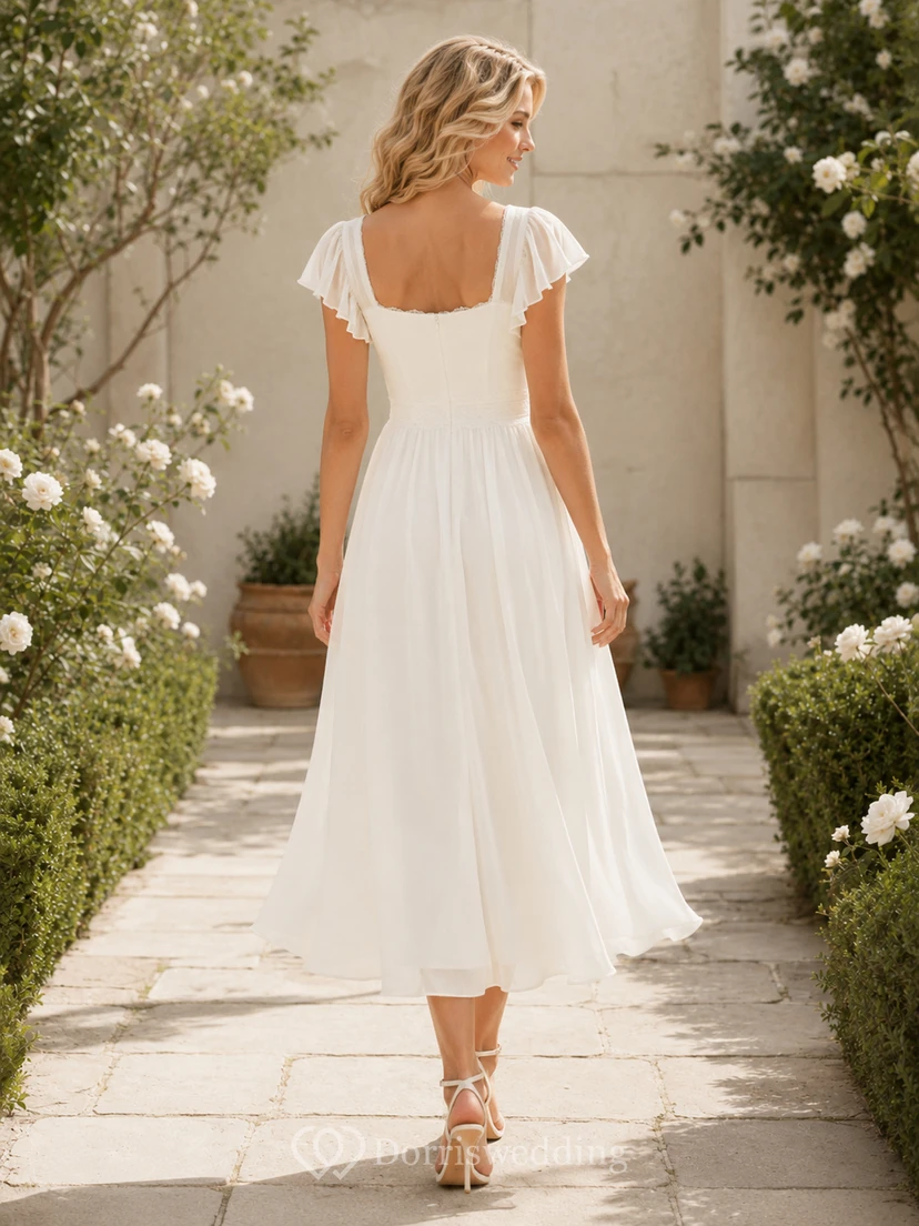 Robe de mariée vintage en dentelle et tulle, coupe trapèze, col en V, sans manches, longueur midi, dos nu plongeant. view 2