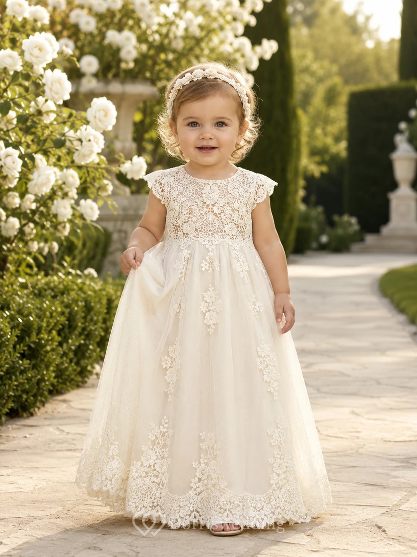 Vestido de encaje de ganchillo vintage para bautizo de bebé, corte A, manga corta, encaje, romántico, elegante, adorable, tul