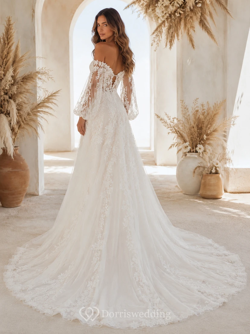 Boho Off-the-Shoulder Lace Wedding Dress with Long Bishop Sleeves, Corset Bodice & Romantic A-Line Train view 2