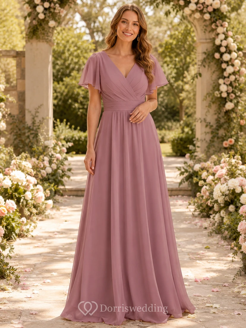 Mauve V-neck flutter sleeve chiffon floor length bridesmaid dress