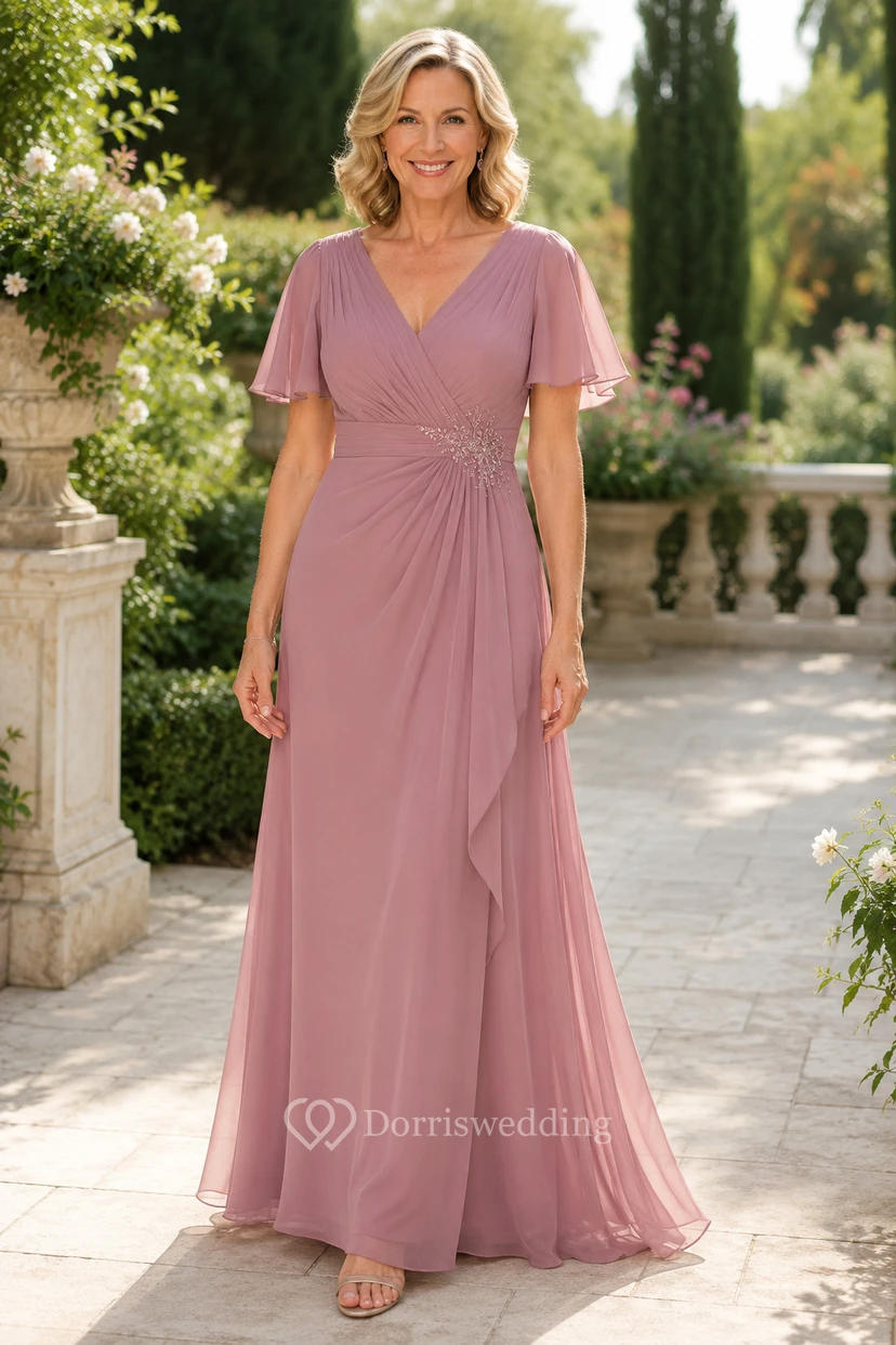 MOB-Kleid aus altrosafarbenem Chiffon, A-Linie, kurze Ärmel, V-Ausschnitt, bodenlang, gerafft