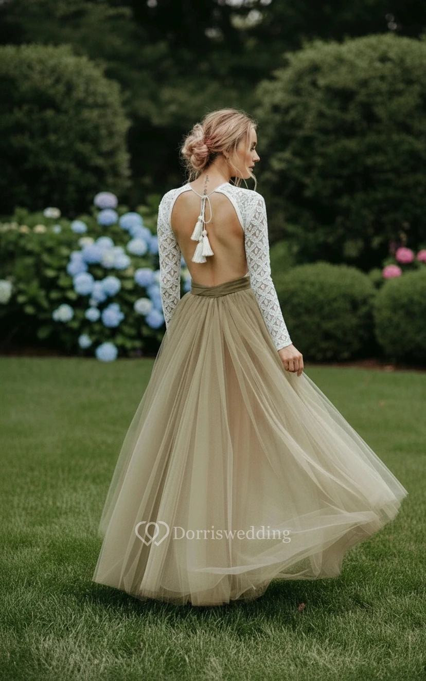 Elegante vestido de tul de manga larga con escote en forma de ojo de cerradura view 2