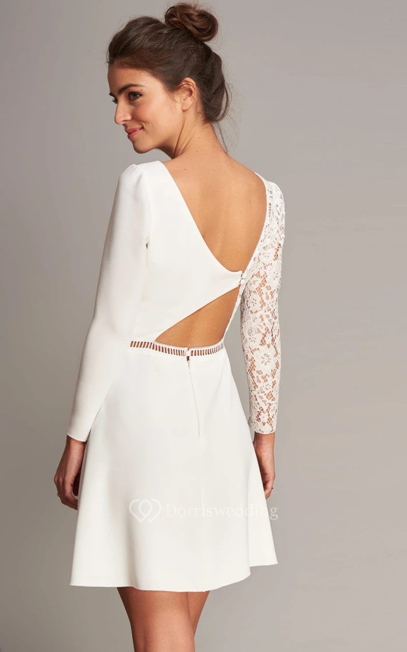 Robe de mariée décontractée à encolure bateau, manches longues, longueur genou, ornée de dentelle view 3