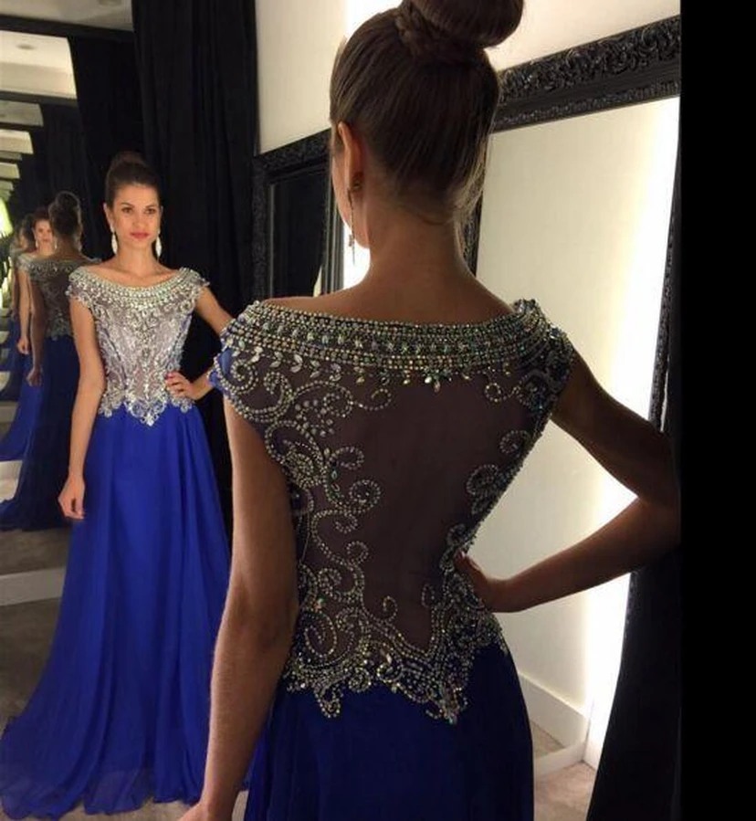 Stunning Scoop Beadings Crystal Evening Dress Sleeveless Long Chiffon Party Gown view 3