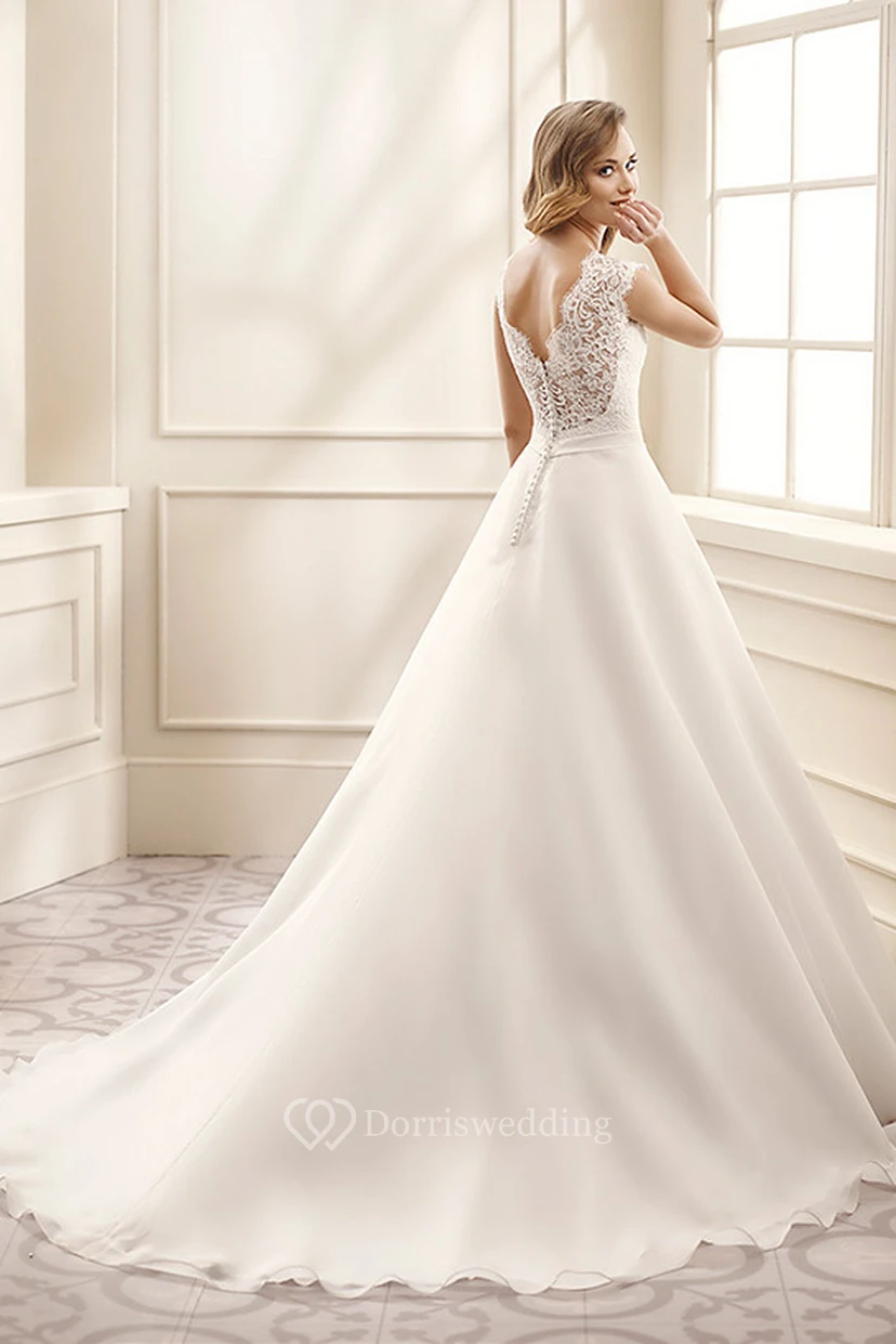 A-Line Cap-Sleeve V-Neck Jeweled Floor-Length Chiffon&Lace Wedding Dress With Appliques And V Back view 2