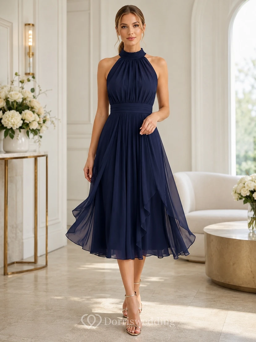 Elegant Navy Halter Pleated Chiffon Tea Length Cocktail Evening Dress