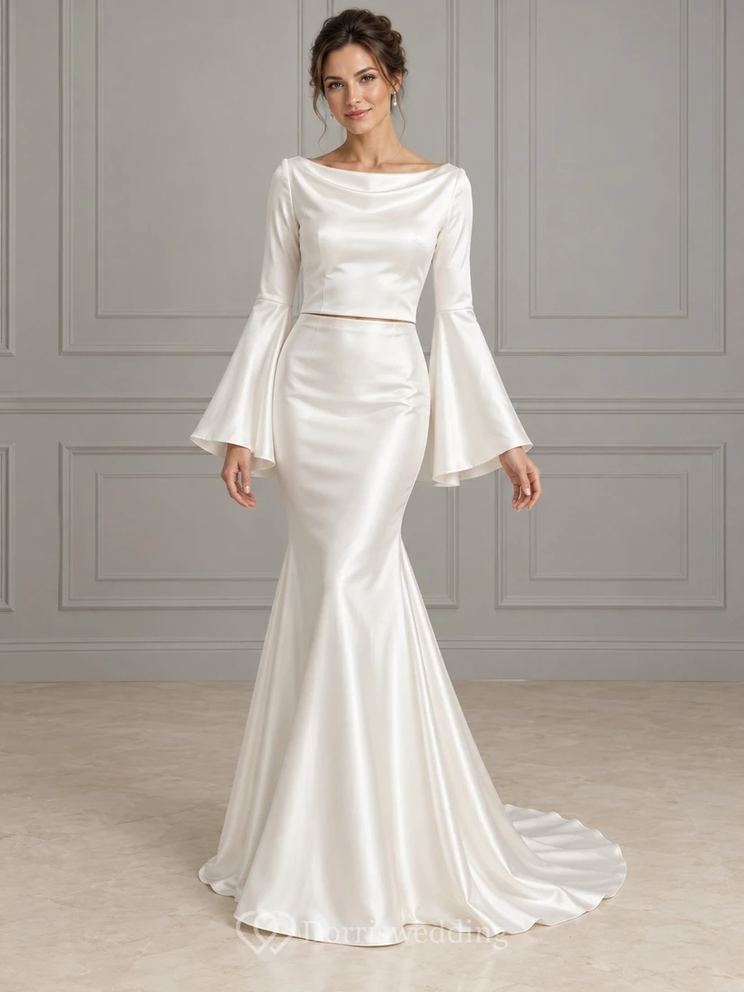 Two Piece Mermaid Cowl Neck Long Bell Sleeve Wedding Dress
