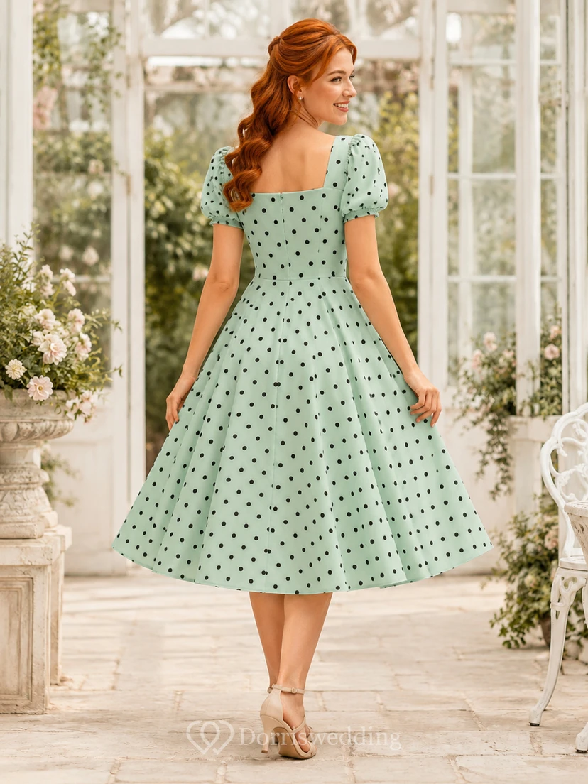 Mint Polka Dot Square Neck Puff Sleeve Swing Dress view 2