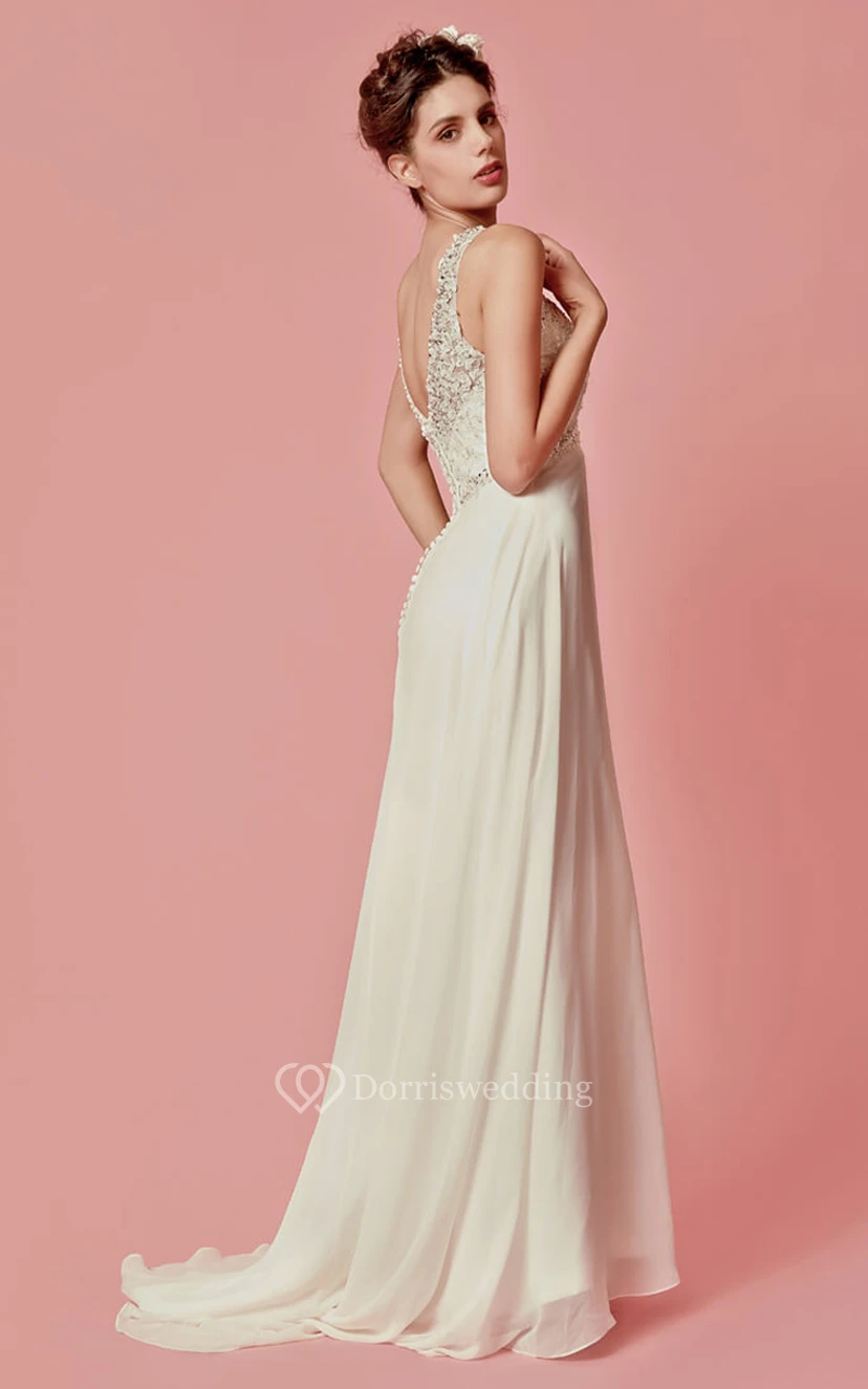 Ärmelloses, langes Chiffonkleid mit V-Ausschnitt und perlenbesetzten Spitzendetails view 5
