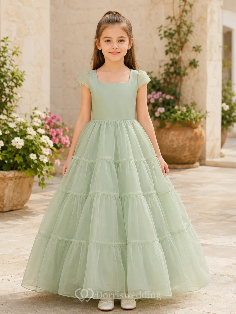 Flower Girl Dress Sage Tulle A-Line Short Sleeve Jewel Neck Floor Length Tiered Skirt