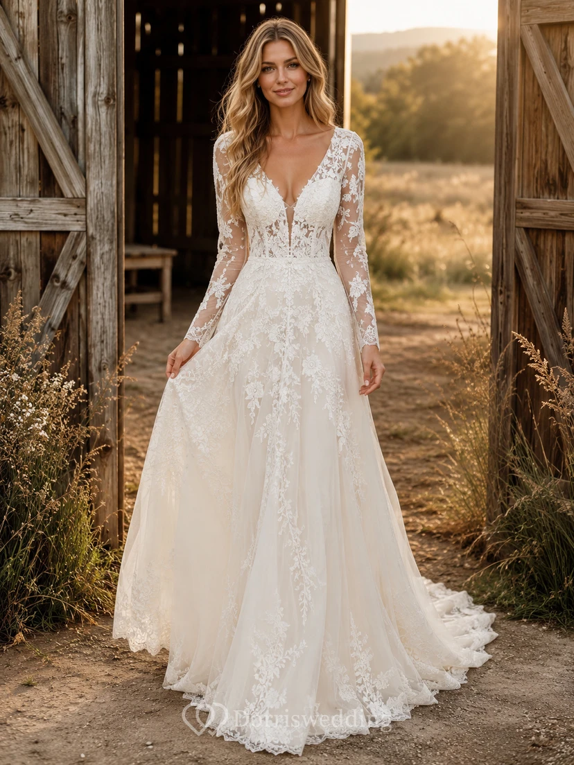 Vestido de novia de tul y encaje campestre, estilo sirena, con escote en V, manga larga, cola de corte y espalda baja en V.