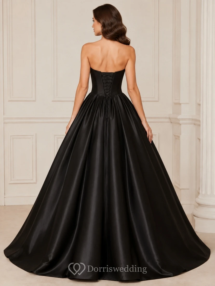 Black Sweetheart Satin Ball Gown Corset Back Floor Length Formal Prom Dress view 2