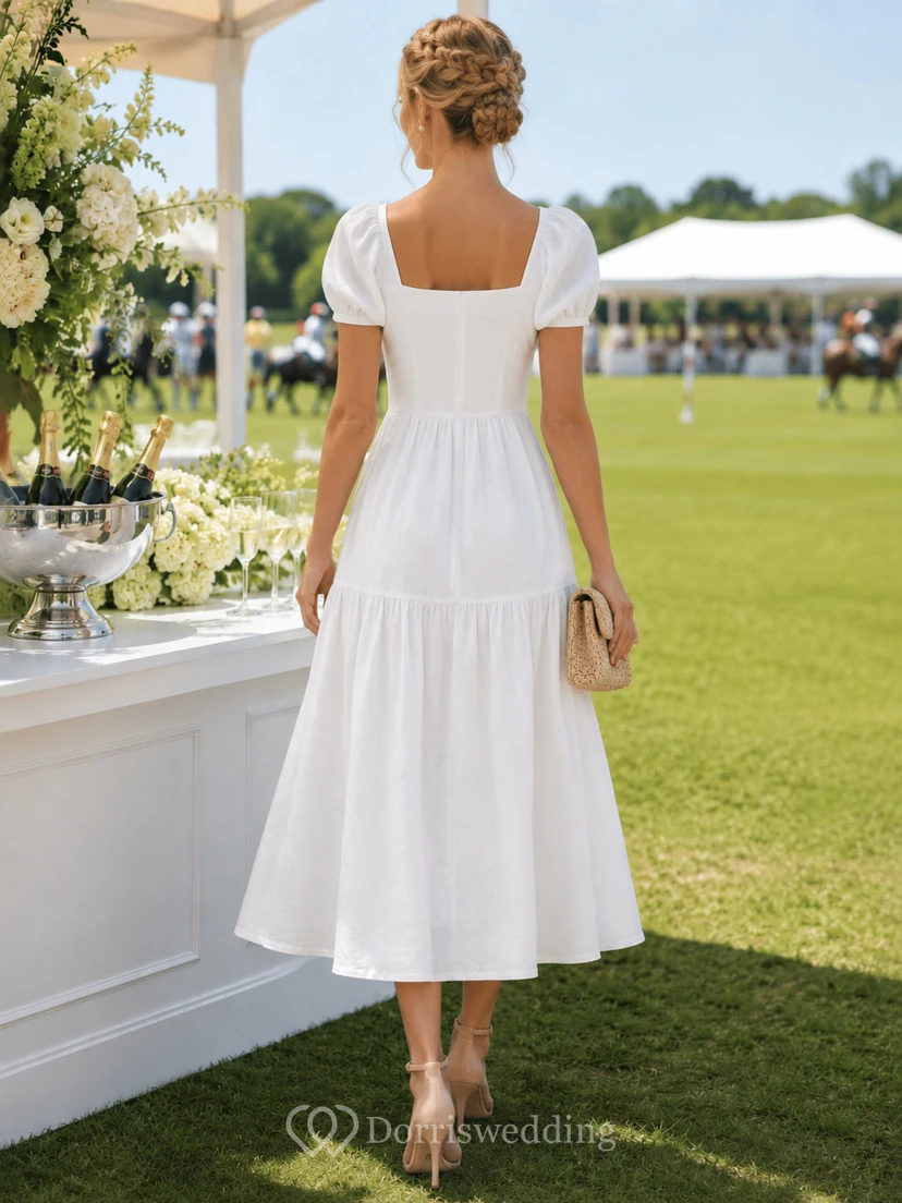 Robe polo midi blanche à col carré et manches bouffantes à volants view 2