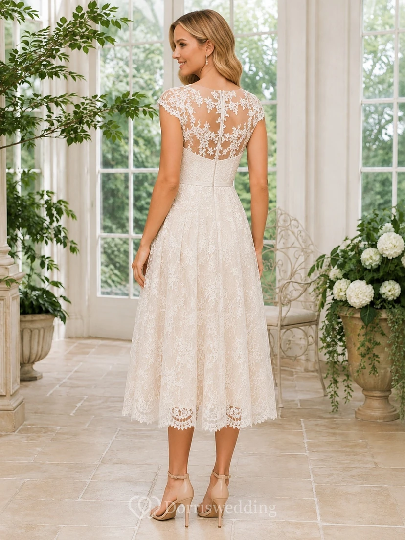 Cremefarbenes, wadenlanges Kleid aus Chiffon mit Rundhalsausschnitt, kurzen Ärmeln und Spitze view 2