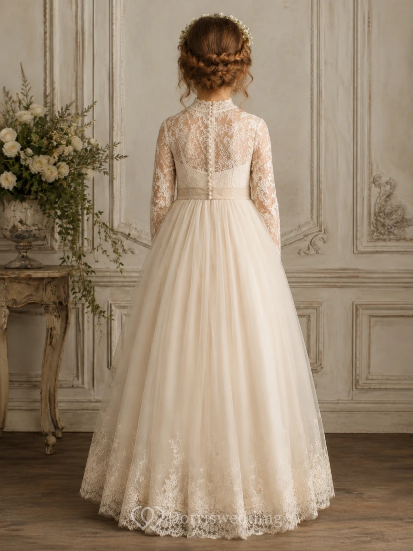 Langärmeliges A-Linien-Kleid aus Spitze und Tüll für Blumenmädchen mit Rundhalsausschnitt und bodenlangem Rock view 2