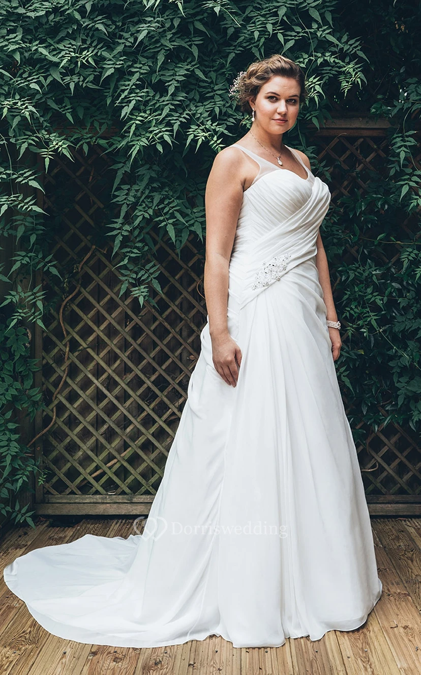 A-Line Floor-Length V-Neck Sleeveless Satin Criss Cross Beading Court Train Criss cross Dress view 2