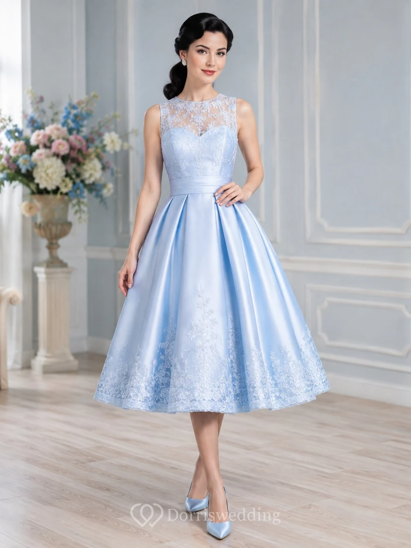 Vintage Sky Blue Illusion Jewel Lace A-Line Tea-Length Formal Dress