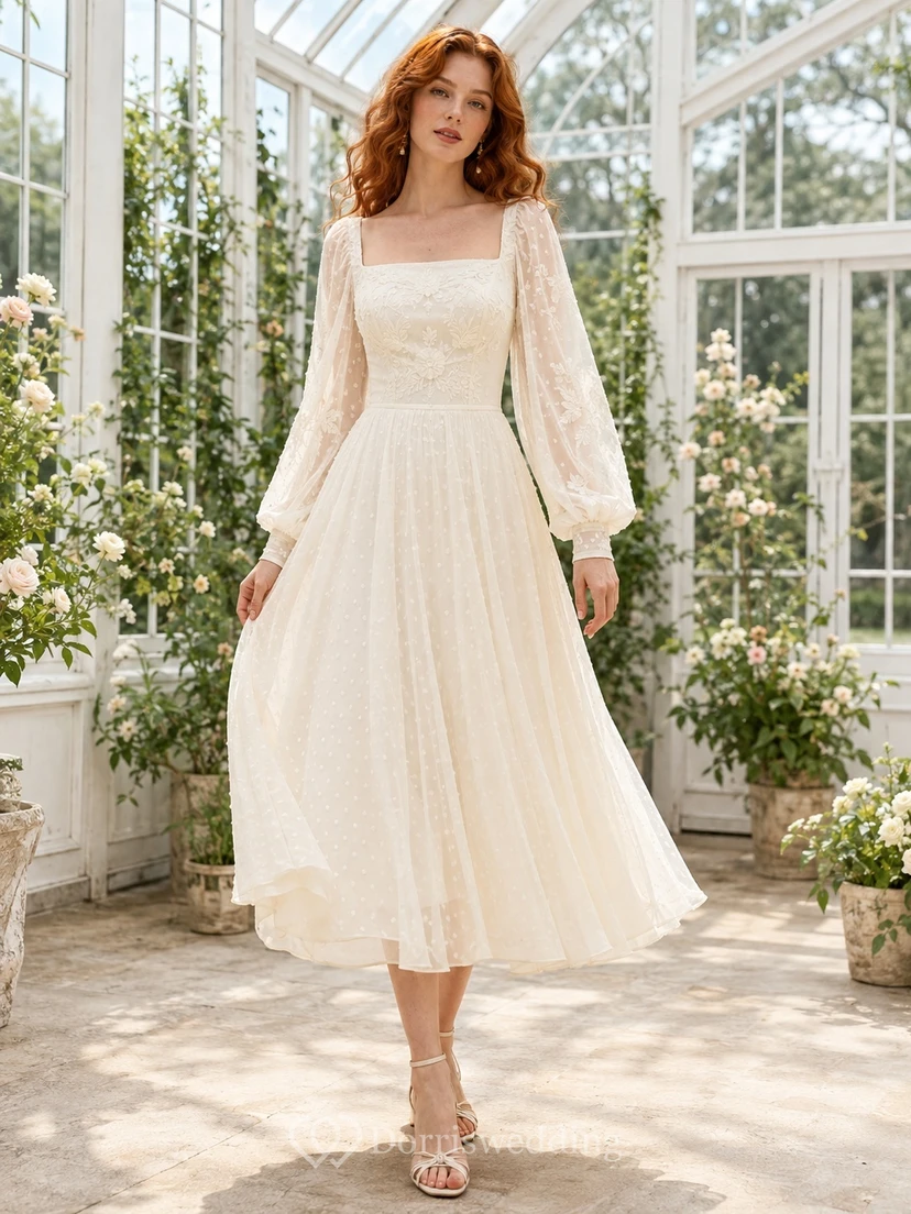 Romantisches Brautkleid mit eckigem Ausschnitt, langen Ärmeln, Spitze, A-Linie und Teelänge