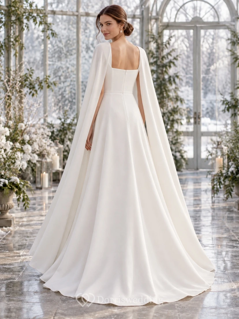 Simple Square Neck A-line Winter Wedding Draped Cape Dress view 2