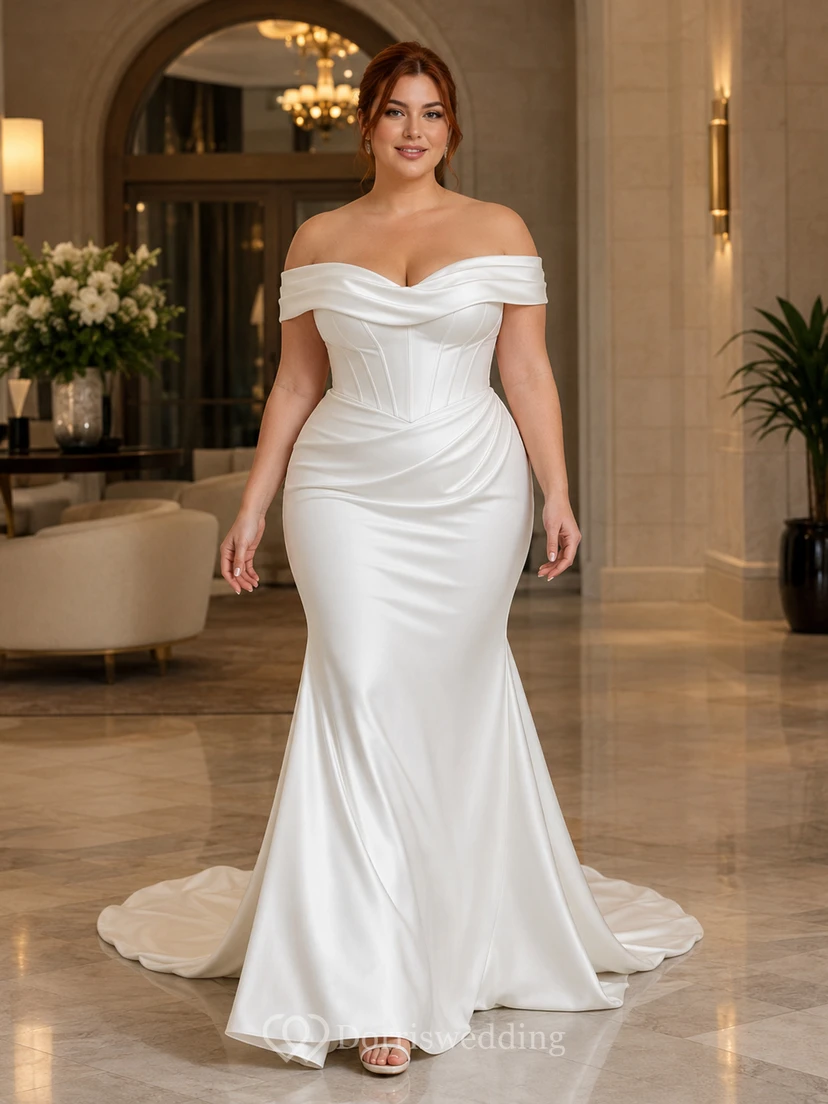 Sexy Curvy Satin Wedding Mermaid Off Shoulder Ruched Sweep Train
