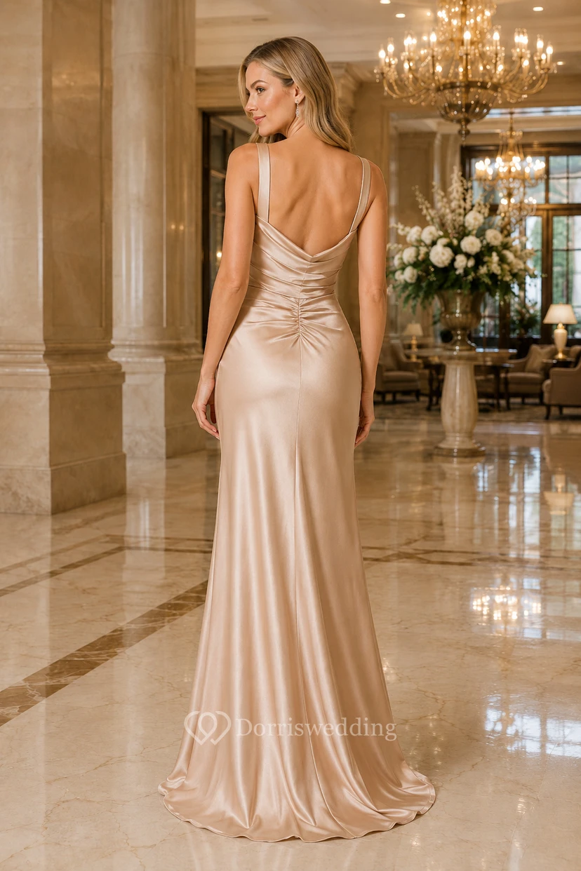Robe de demoiselle d'honneur fourreau en satin champagne à col bénitier, bretelles spaghetti et corsage froncé view 2