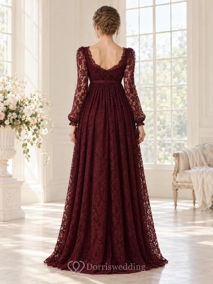 Regency Long Sleeve Burgundy V-neck Empire Floral Lace Evening Gown view 2
