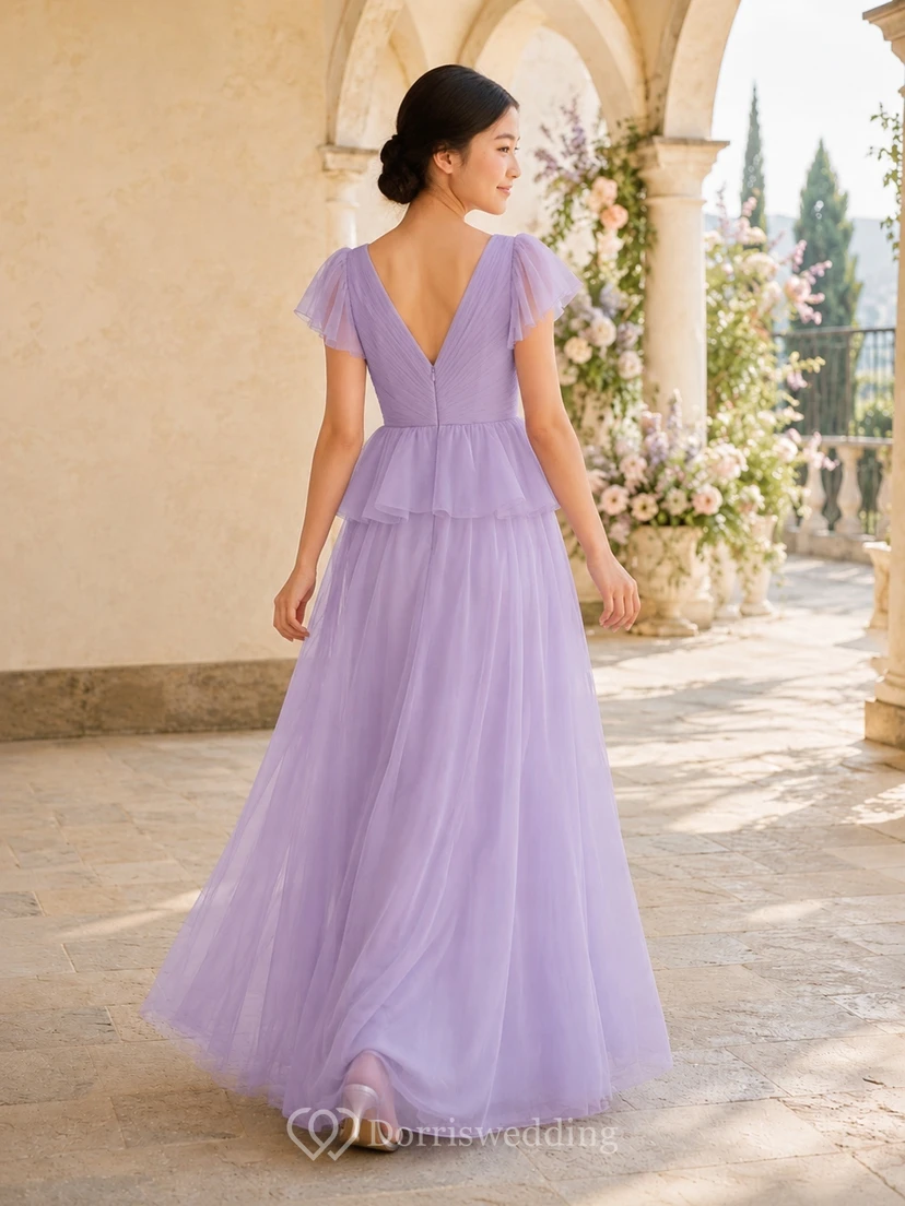 Lavendelfarbenes Brautjungfernkleid für junge Damen, A-Linie, V-Ausschnitt, kurze Ärmel, Blütenblatt-Tüll, Rüschen an der Taille, romantisch view 2