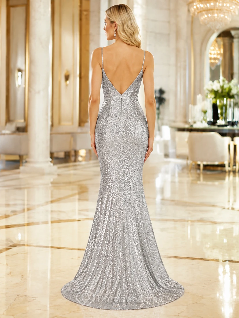 Silver Sequin Deep V Open Back Mermaid Evening Dress view 2
