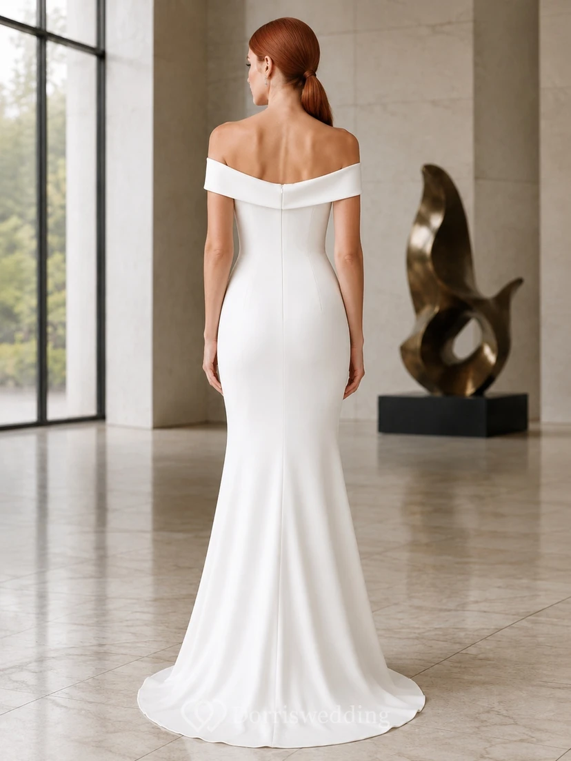 Satin Off-the-shoulder Mermaid Floor-length Sweep Train Elegant Wedding Dress view 2
