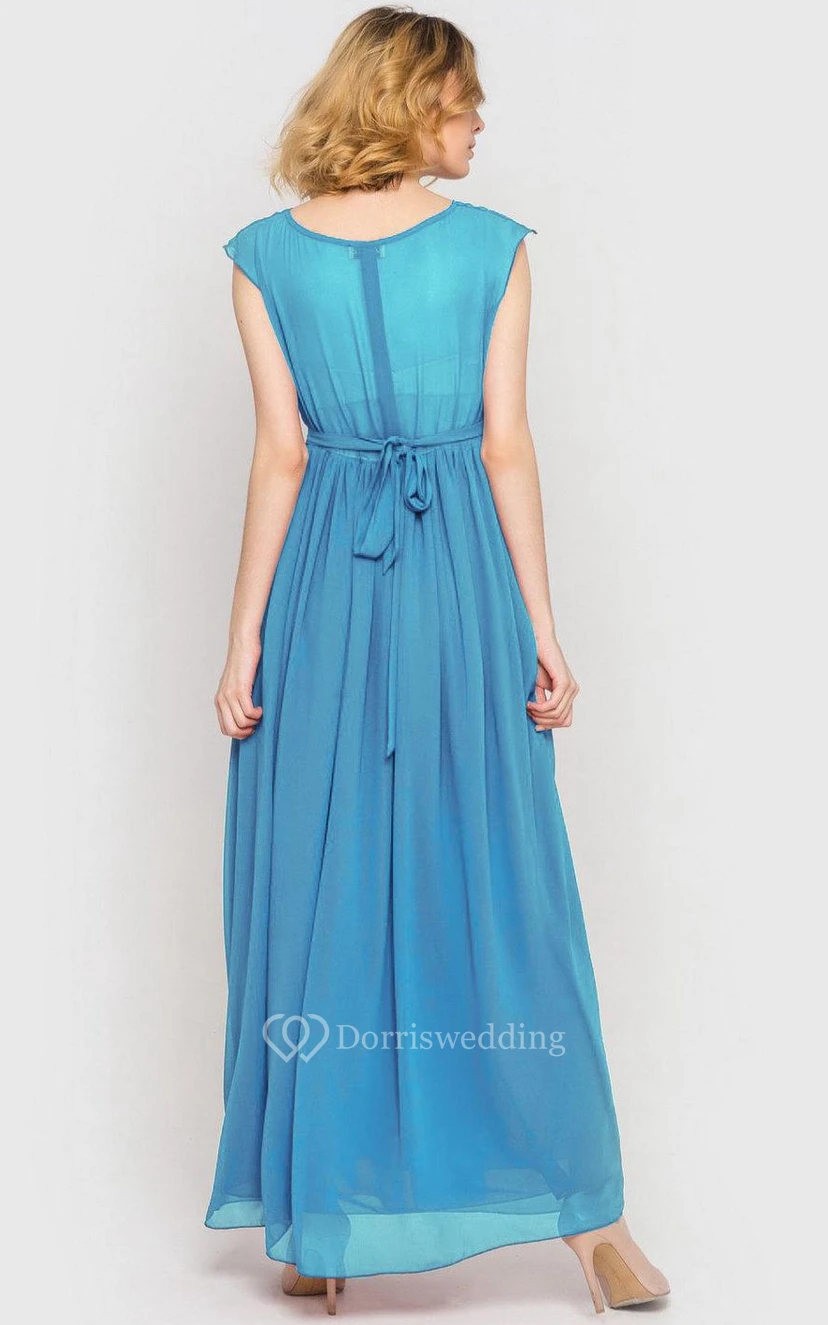 Scoop Neck Cap Sleeve Pleated A-line Chiffon Ankle Length Dress Sky Blue view 2
