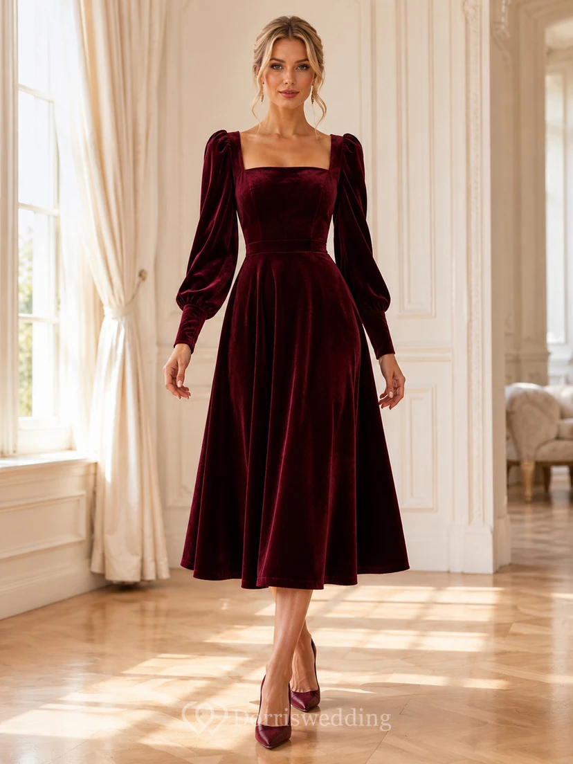 Vestido midi de terciopelo burdeos con escote cuadrado y mangas abullonadas, corte en A, ideal para invitadas.