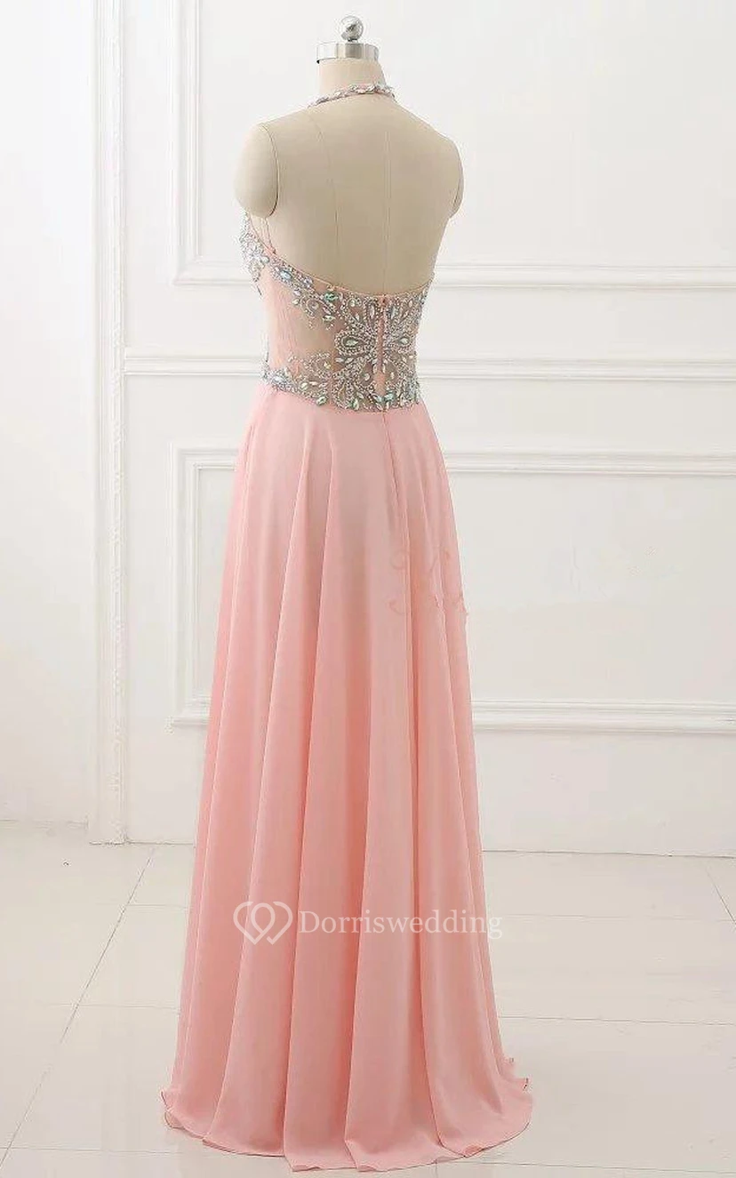 Floor-length Halter Backless Chiffon Dress With Beading view 3