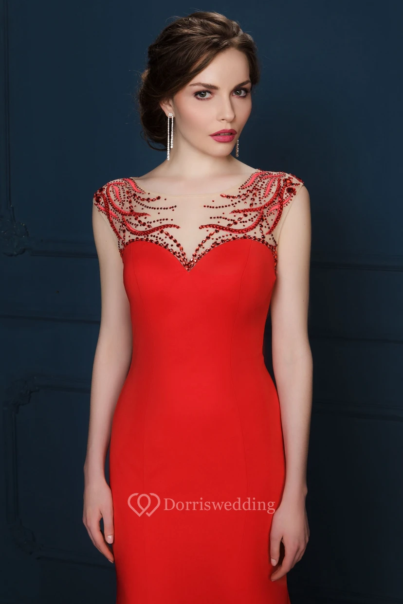 Sheath Beaded Cap-Sleeve Floor-Length Scoop-Neck Jersey Evening Dress With Pleats view 4
