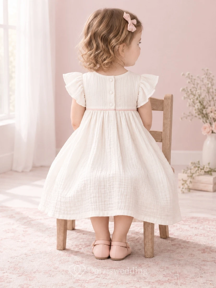 Modest Ivory Knee Length Empire Rounded Flutter Sleeve Full Gauze Flower Girl Dress