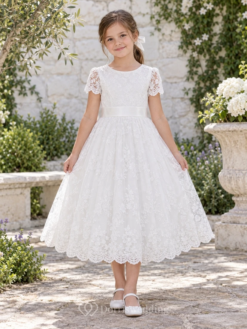 Modest White Tea-length Jewel Neck Short Sleeve Full Lace Communion Dress