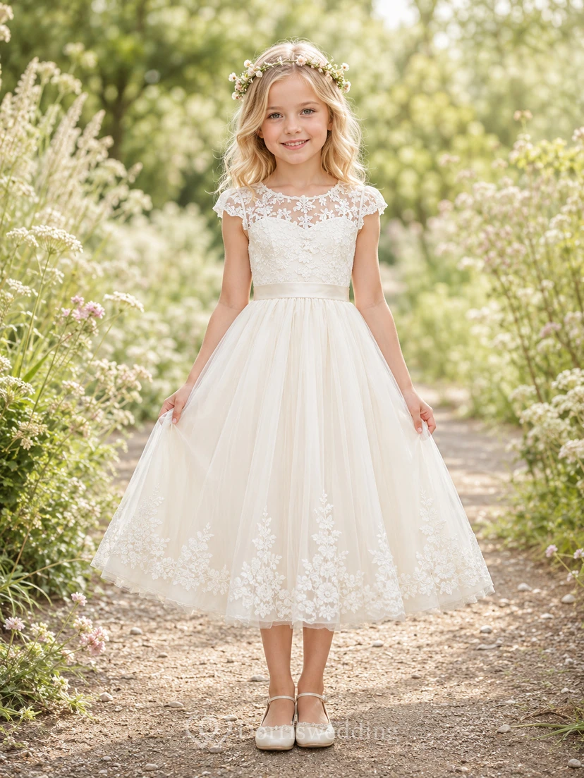 Romantisches Blumenmädchen-Gartenkleid aus Tüllspitze mit Teelänge und kurzen Ärmeln aus floralem Spitzenstoff