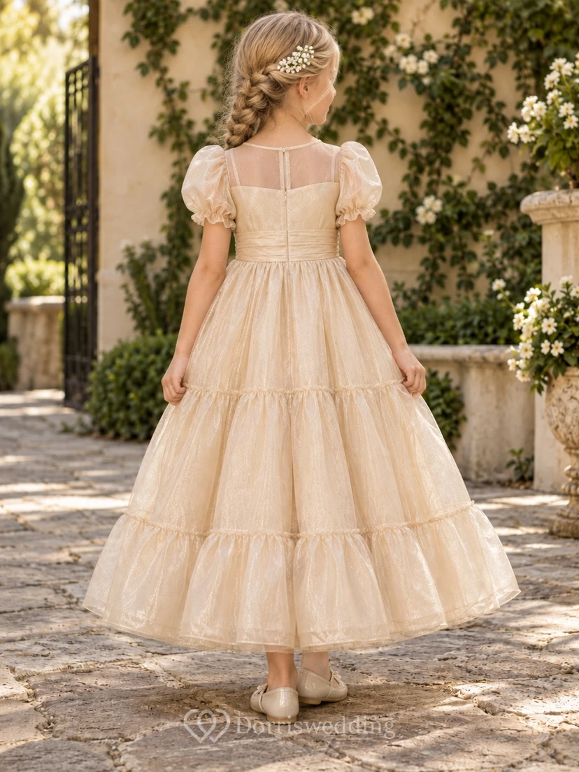 Champagne Illusion Neck Puff Sleeve Tiered Organza A-line Flower Girl Dress view 2