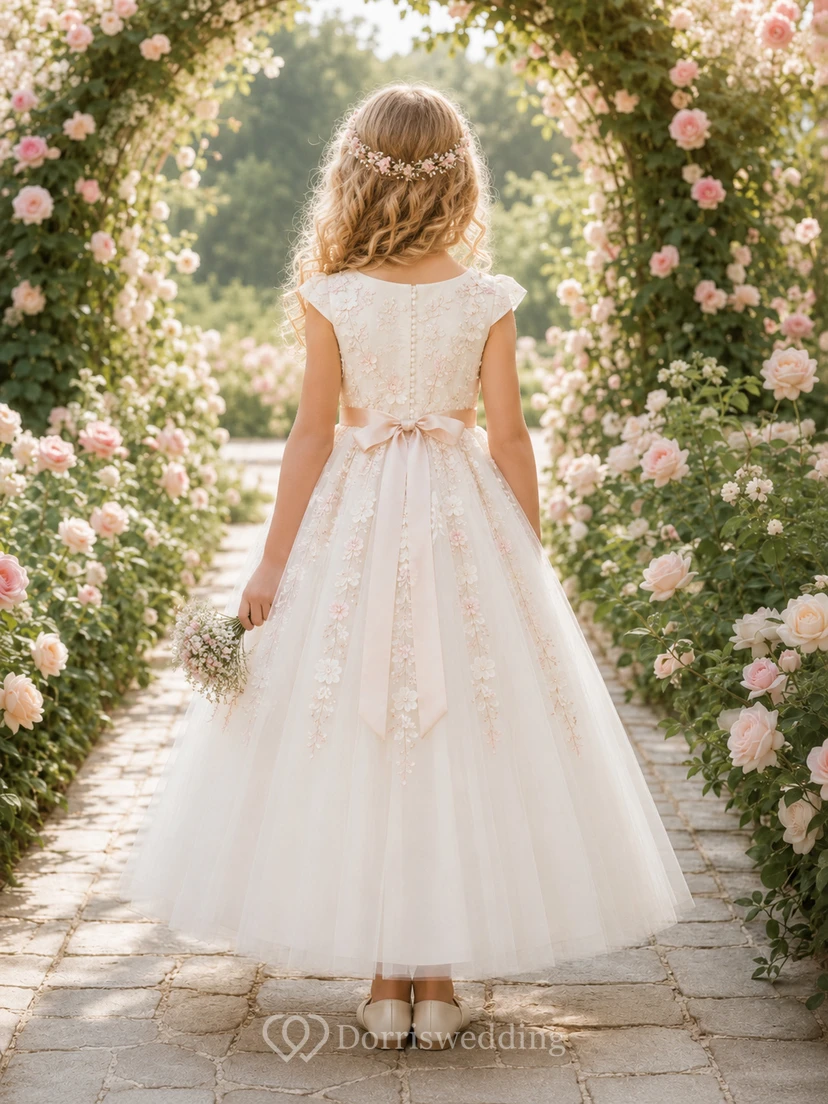 Blumenmädchenkleid Champagner Spitze Tüll A-Linie Rundhalsausschnitt Teelänge view 2