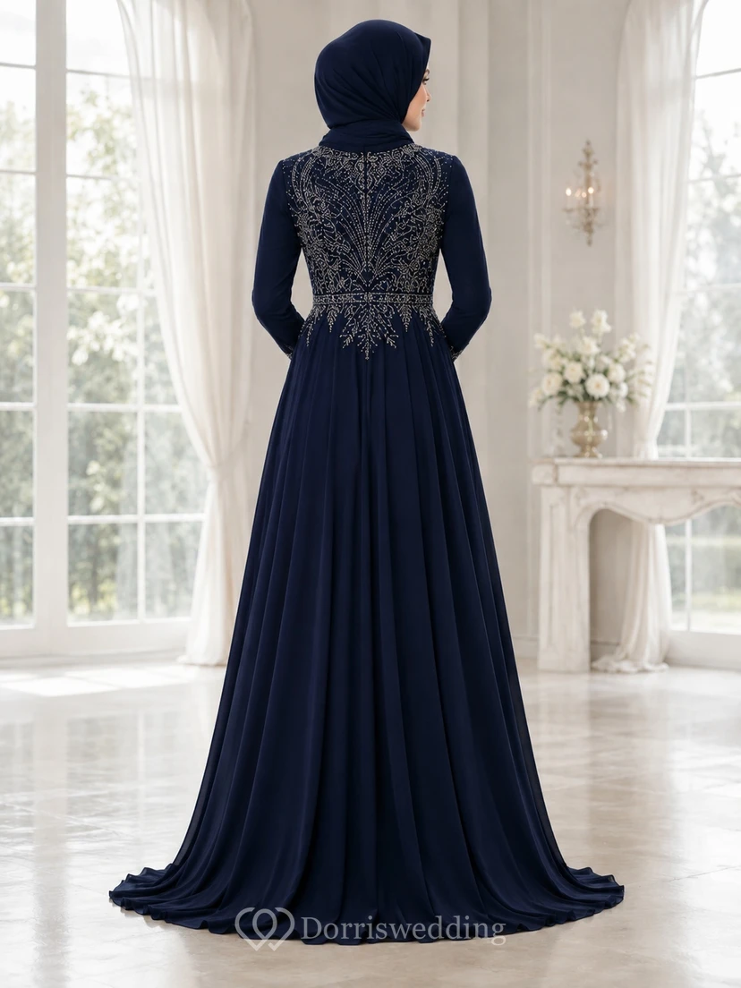 Dark Navy Evening Beaded A-Line High Neck Lace Long Sleeve Floor-length Modest Dress view 2