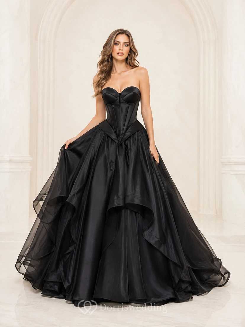 Robe de bal noire spectaculaire à plusieurs couches, longue jusqu'au sol, bustier cœur, sans manches, en tulle organza luxueux et romantique, robe de soirée formelle de célébrité.