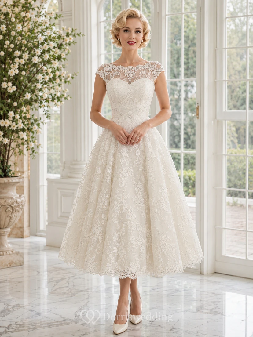 1950s Vintage Jewel Neck Cap Lace Sleeve A-Line Tea-Length Wedding Dress